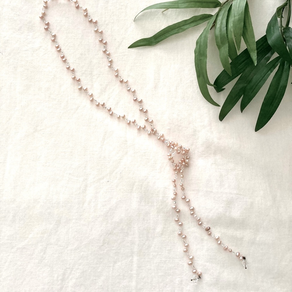 PINK PEARL LARIAT & CRYSTAL NECKLACE 42” - Picture 2 of 6